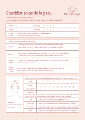 Liste de contrôle des soins de la peau Questionnaire de l'esthéticienne Documents Hôpitaux