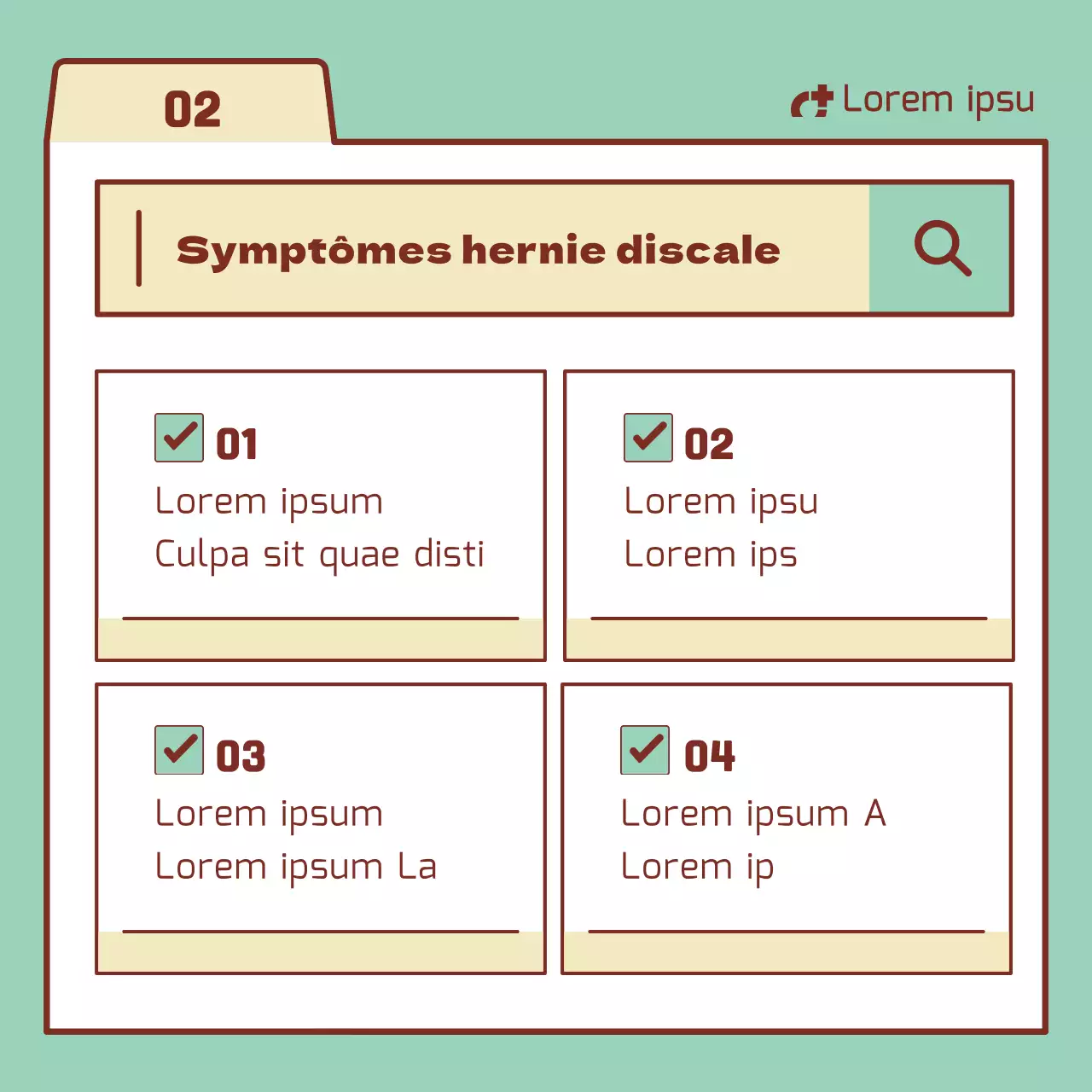 Informations sur les disques lombaires avec des éléments de la barre de recherche de couleur menthe et beige