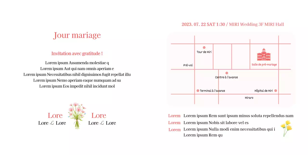 Invitation de mariage simple avec des fleurs roses sur fond blanc