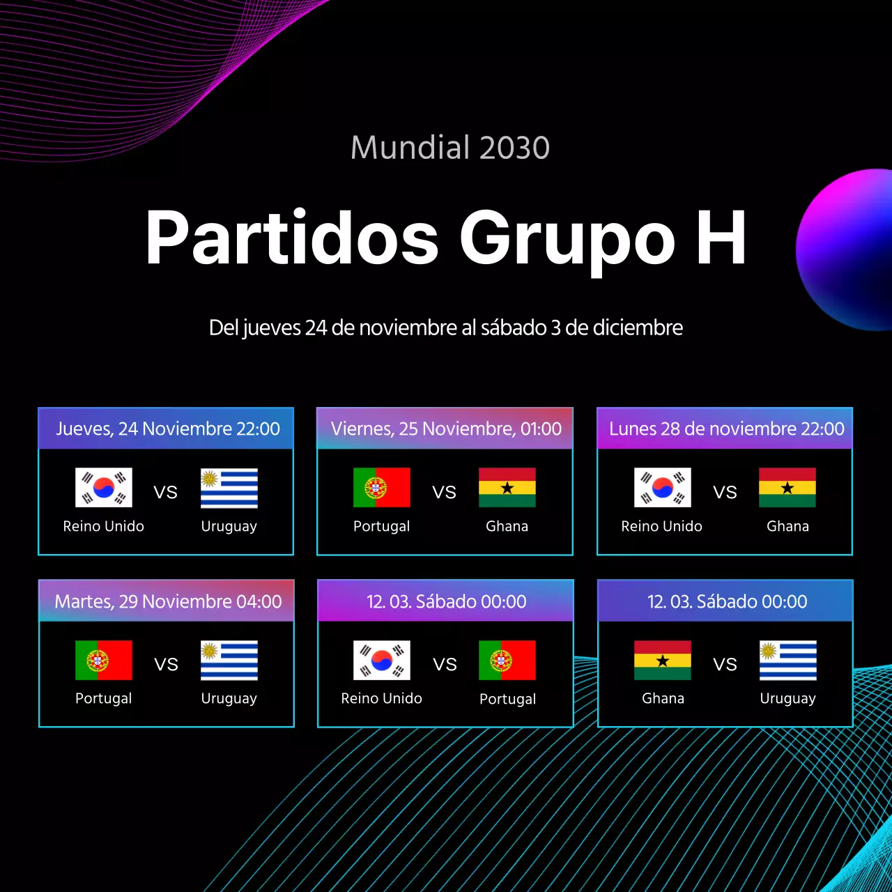 Calendario de partidos con gráfico de líneas sobre fondo negro