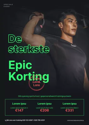 Promoot een grote uitverkoop met een zwarte en fluorescerende groene foto van jou die oefent