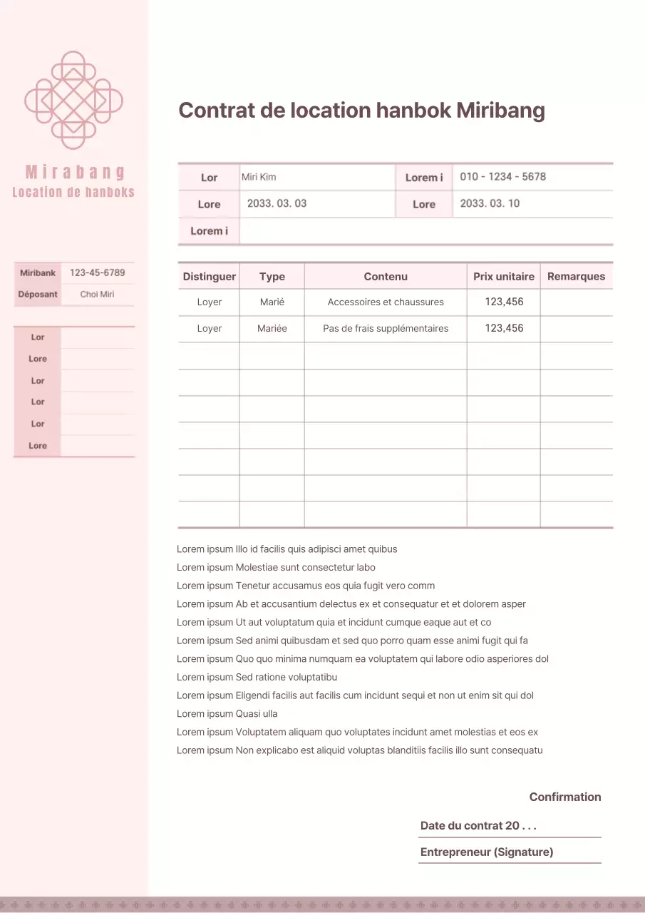 Modèle de contrat de location de hanbok traditionnel rose pastel