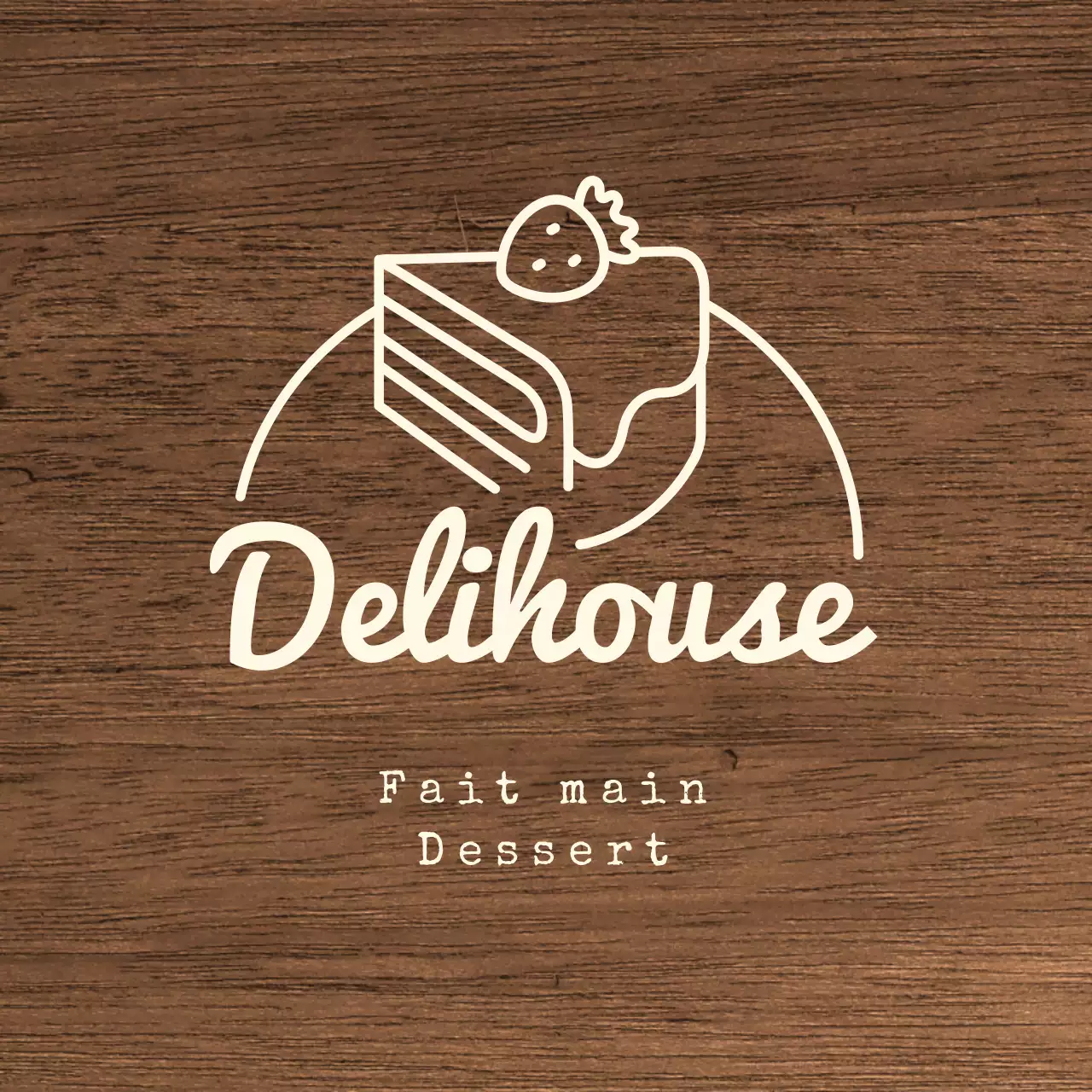 Enseigne d'un café de desserts avec texte ivoire et illustration linéaire de gâteau