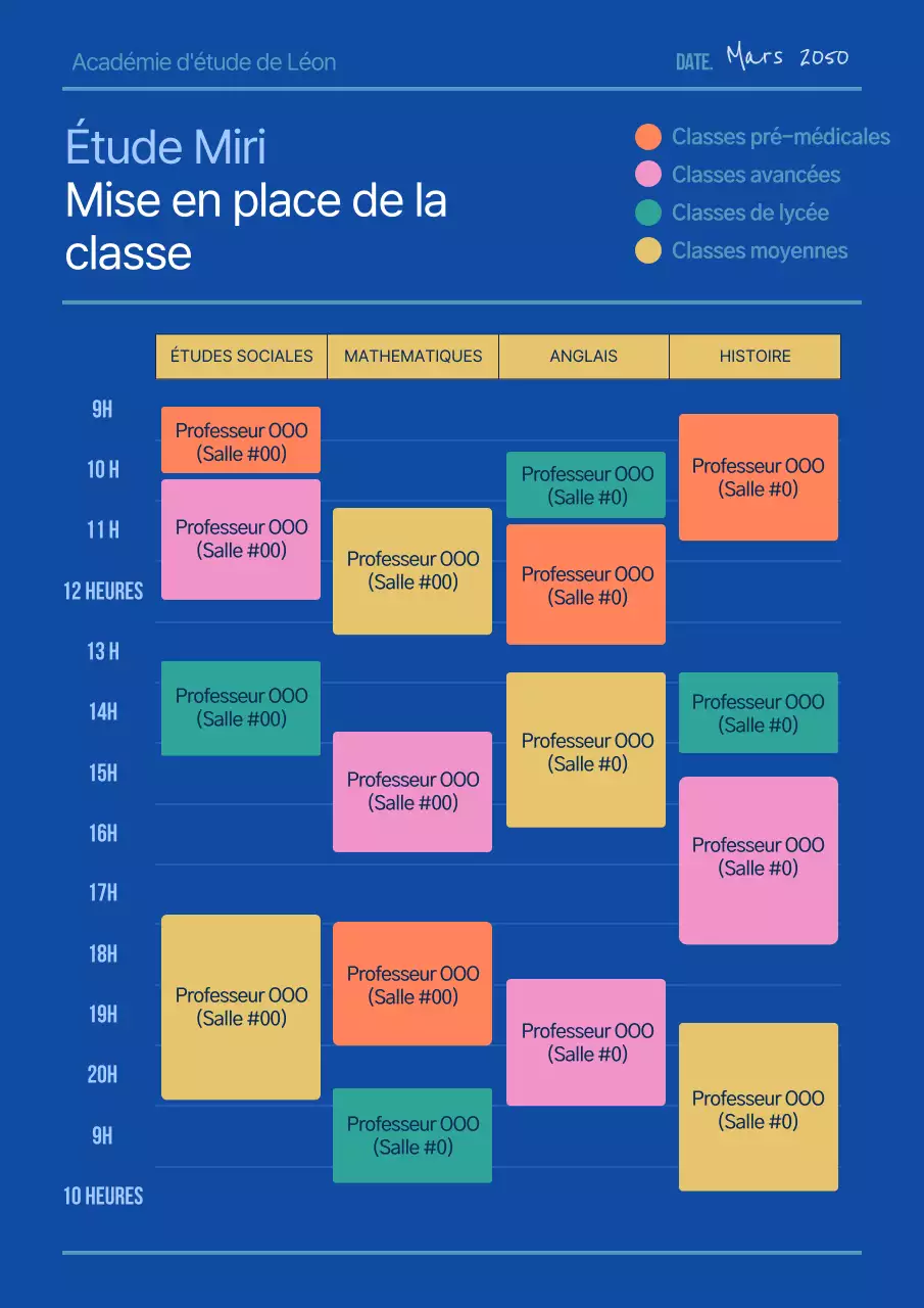 Horaire de l'école de bachotage bleue