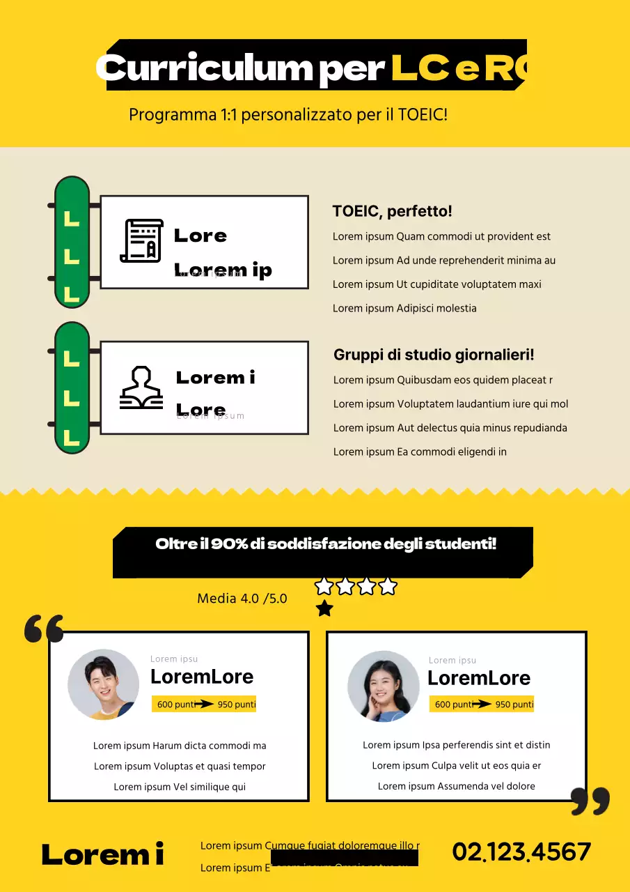Icone e testo puliti, gialli e neri, per promuovere il TOEIC