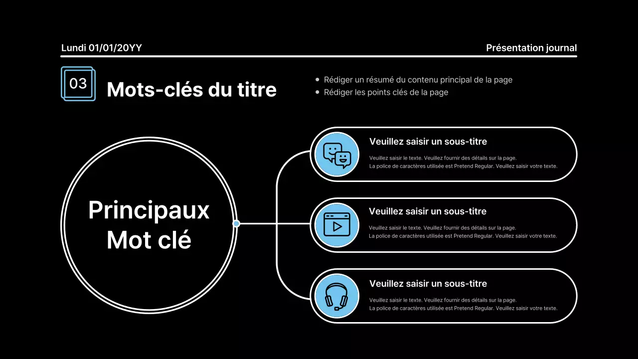 Présentation accrocheuse avec des lignes audacieuses dans un concept de journal sur fond noir