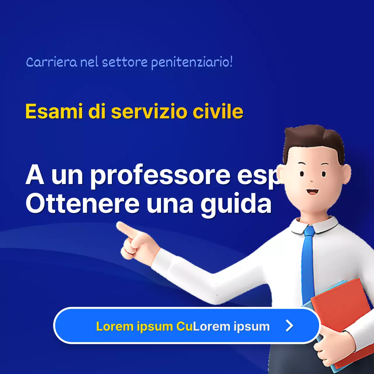 Promuovere la consultazione di informazioni sull'esame di servizio civile con colori blu e gialli.