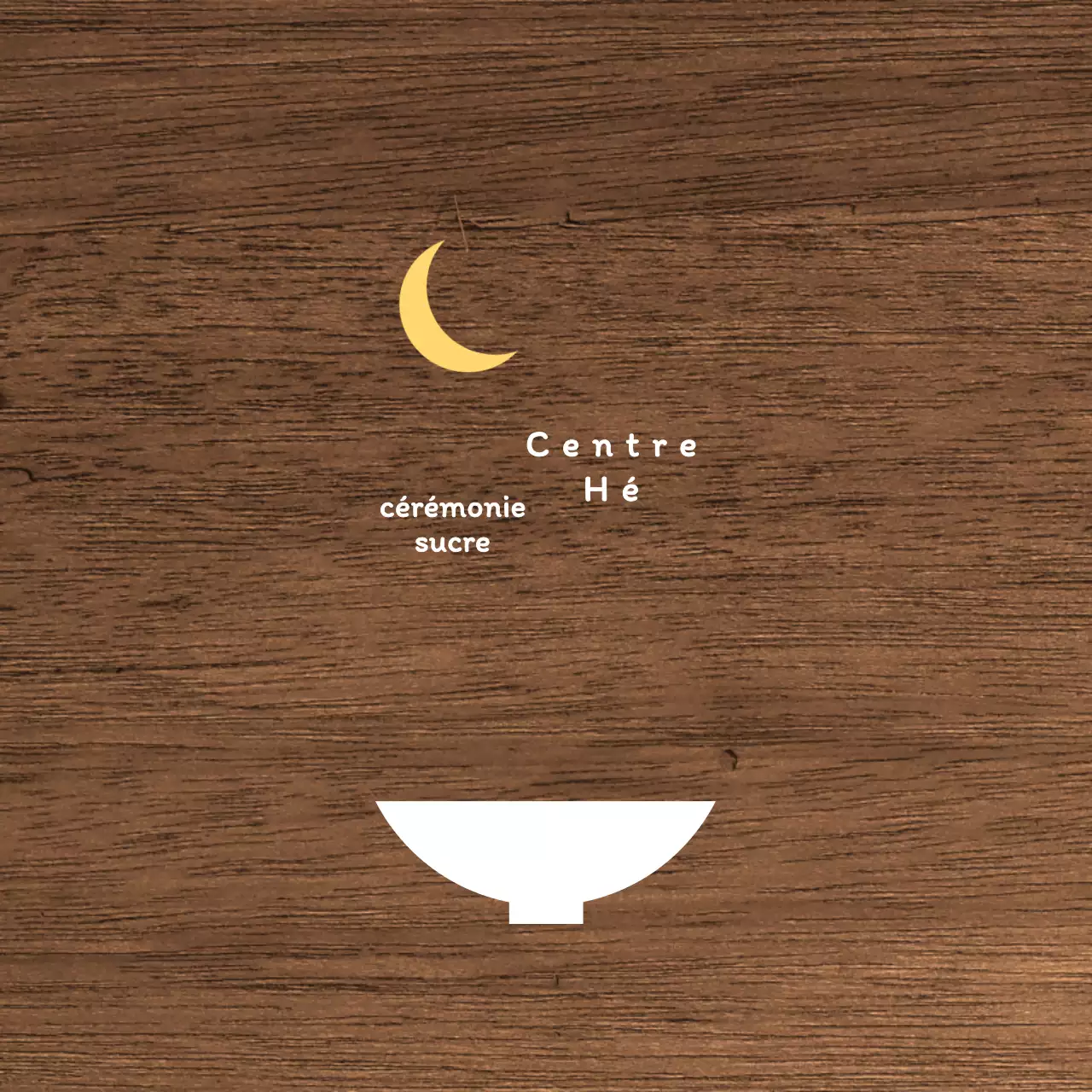 Enseigne de restaurant simple avec texte blanc et jaune et illustration d'une lune en forme de bol.