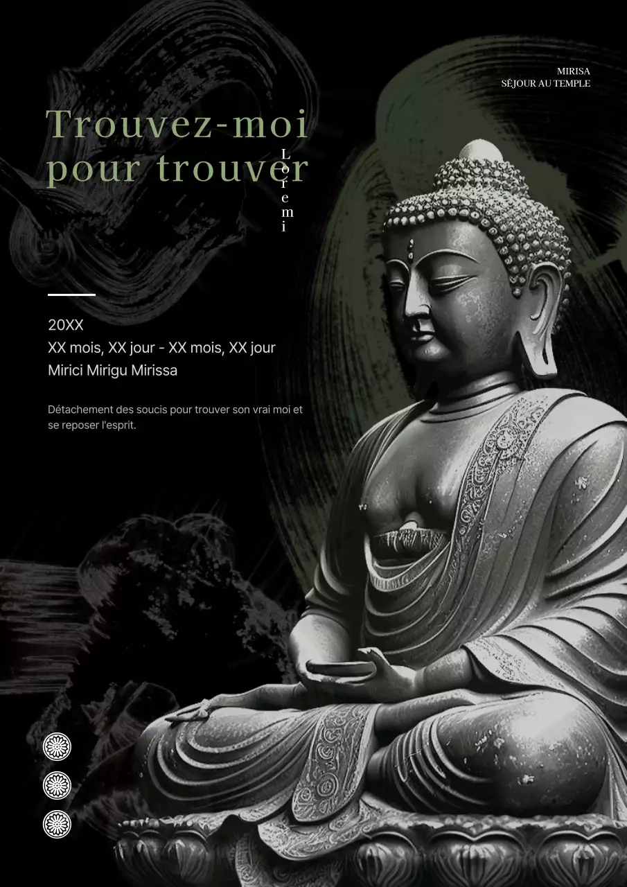 Art promotionnel abstrait d'un séjour dans un temple oriental avec des statues de Bouddha en noir et blanc et en vert
