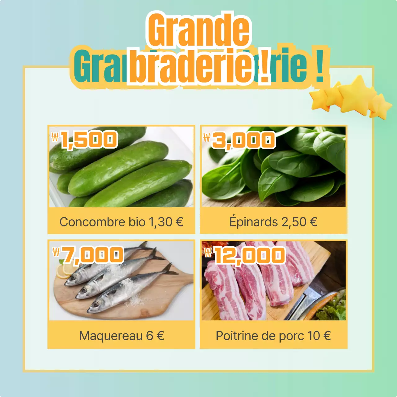Une simple affiche de vente de fruits et légumes à la menthe et au jaune