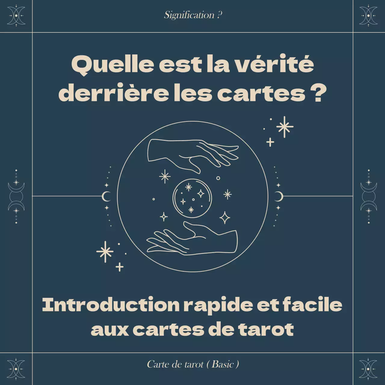 Une introduction rapide et facile aux cartes de tarot avec un cadre carré et un concept astrologique dans une palette de couleurs marine.