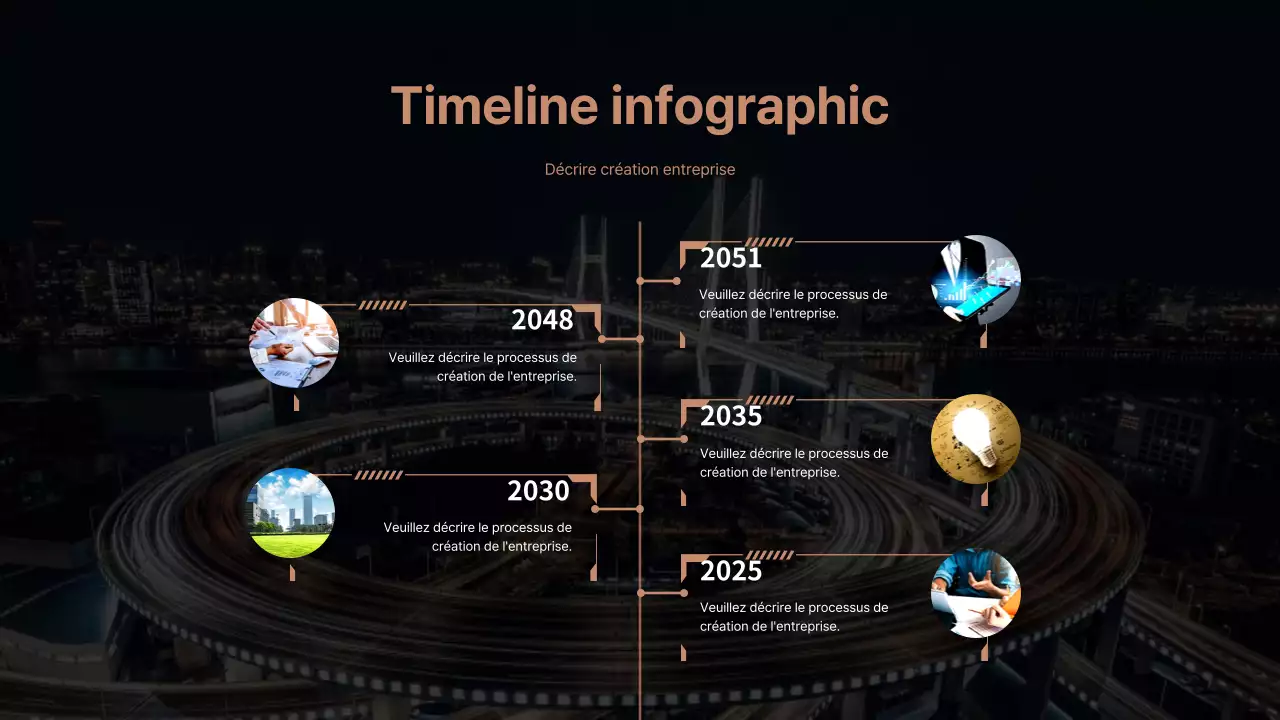 Infographie simple sur la chronologie dans un format commercial brun et noir