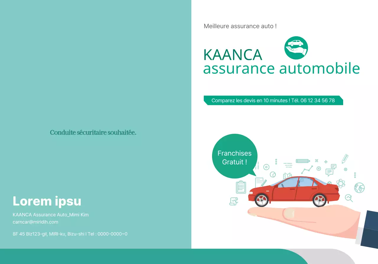 Promouvoir l'assurance automobile avec des photos et des pictogrammes de voitures turquoises et blanches