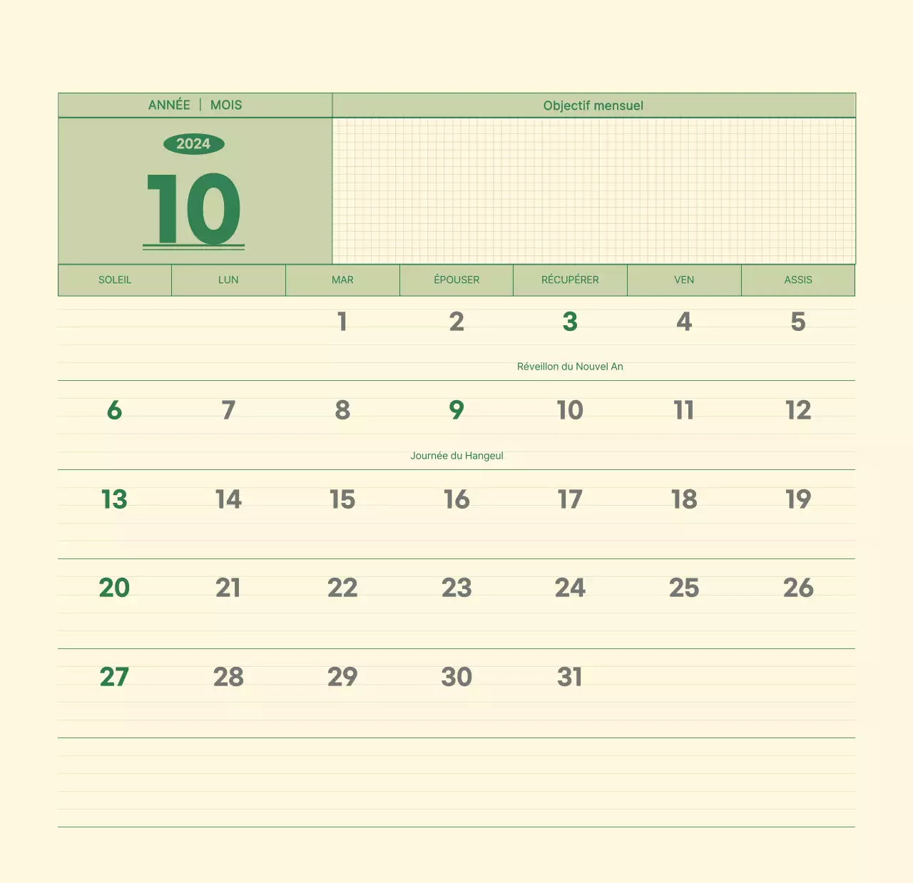 Calendrier mural SAT D-day notepad concept en vert et jaune clair