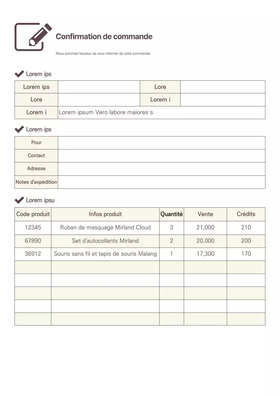 Documents de confirmation de commande propres, bruns et jaunes