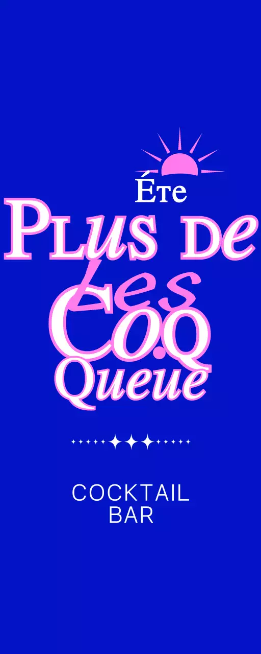 Promotion d'un bar à cocktails avec une illustration de soleil bleu et rose