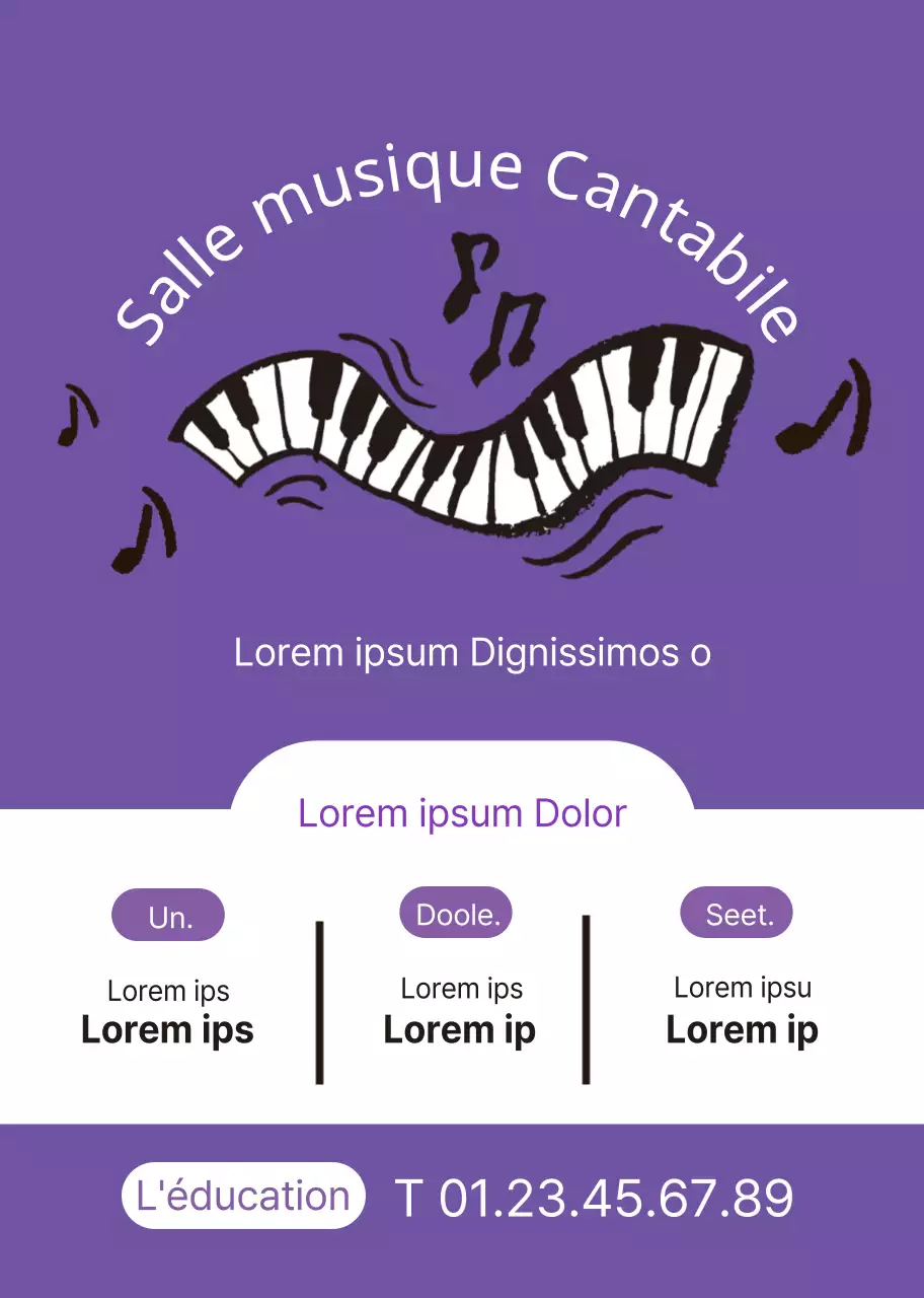 Illustration d'un piano violet pour la promotion d'une école de musique