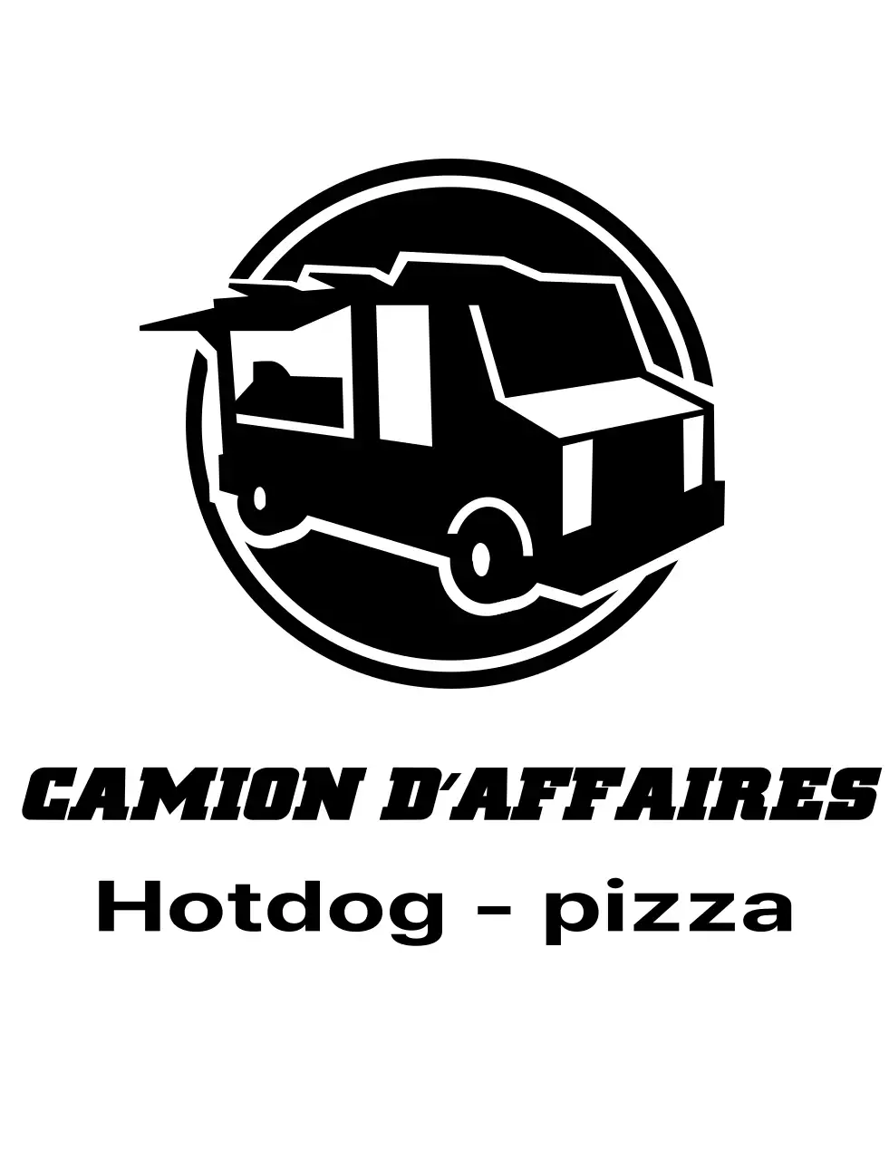 Concept de food truck avec un simple logo noir illustrant le camion