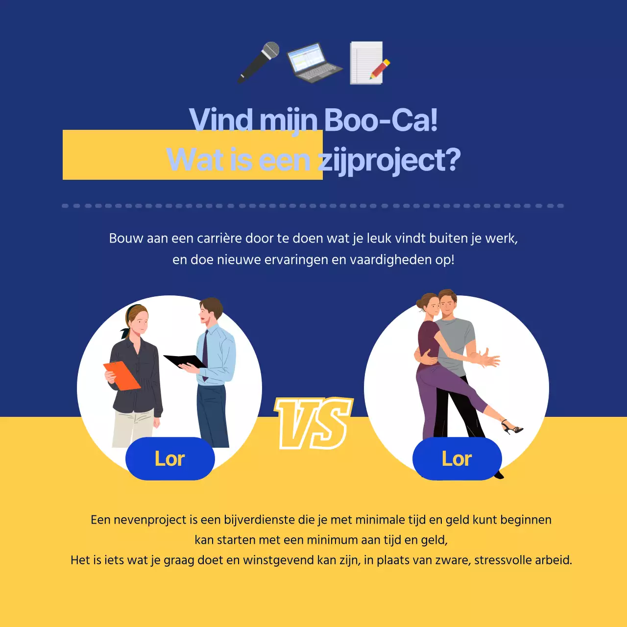 blauwe illustratie concept kantoormedewerker side project cardnews