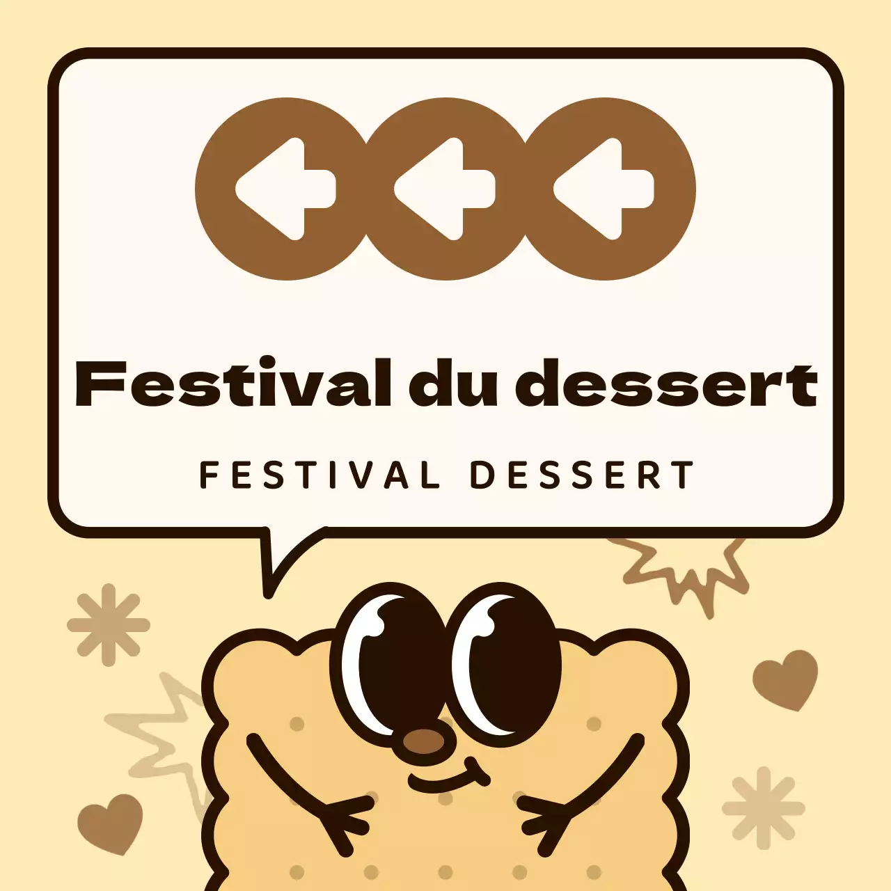 Schéma de couleurs marron et rose Mignons personnages en biscuits et bulles de dialogue style illustration Directions vers le festival du dessert