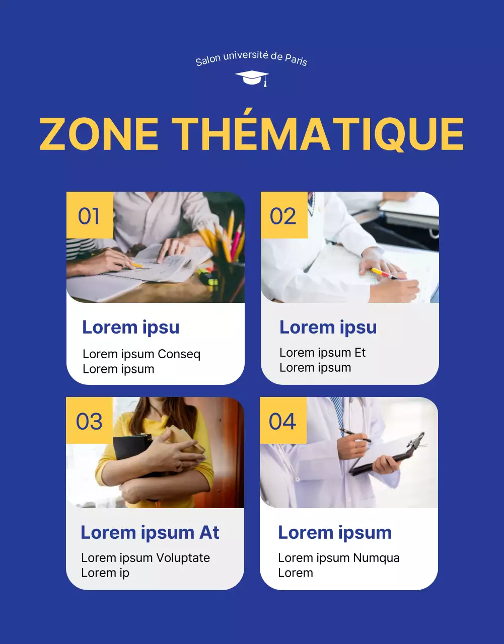 Illustration bleue et jaune d'un salon d'admission à l'université