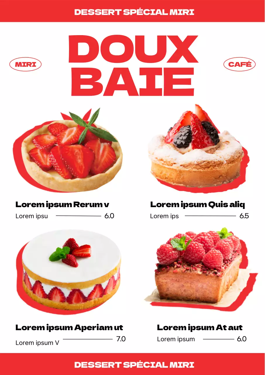 Carte des desserts d'un café branché avec une couleur rafraîchissante, le rouge, et des photos de desserts à la fraise.