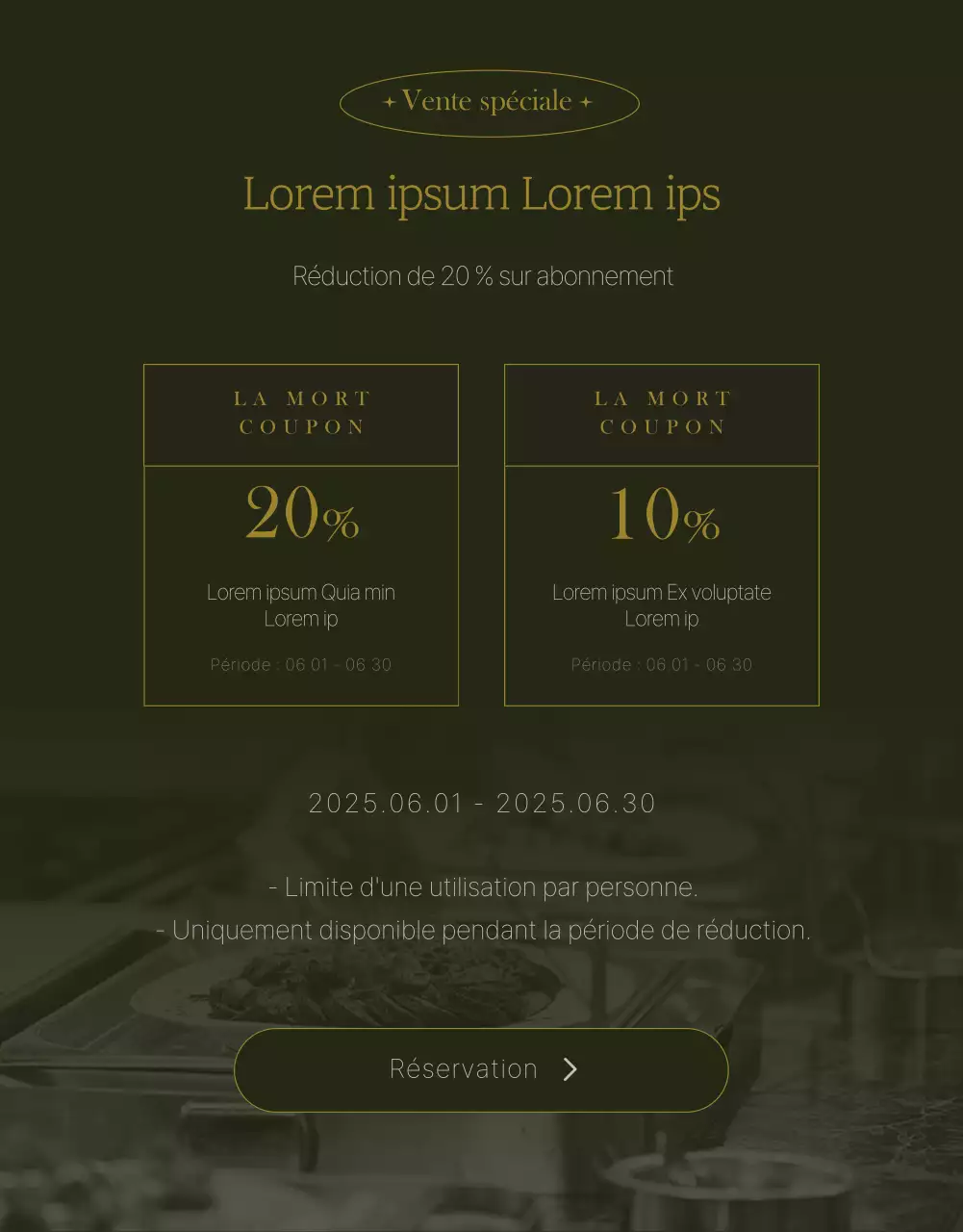 Promouvoir la gastronomie hôtelière sophistiquée dans les verts et les ors foncés