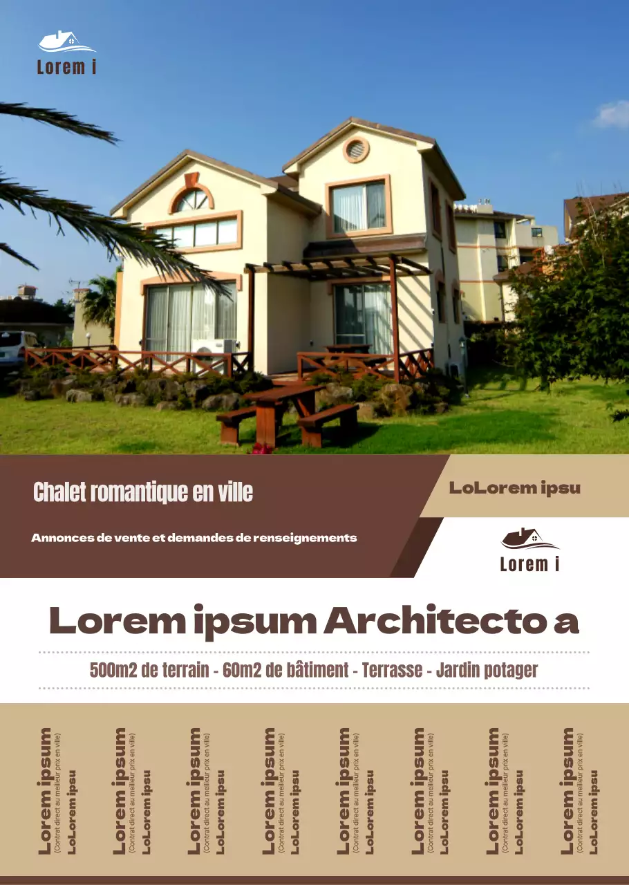 Un style simple en jaune et marron pour annoncer et promouvoir les annonces immobilières et les demandes de renseignements sur les ventes.