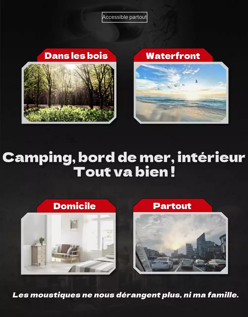 Promouvoir un produit anti-moustiques avec une affiche de film catastrophe en noir et rouge.