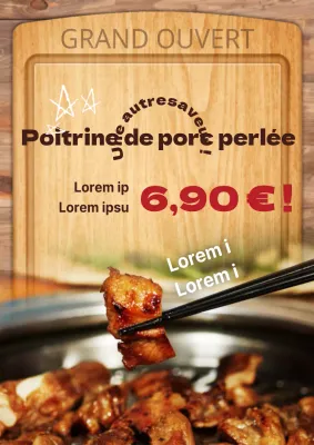 Promouvoir le menu d'un concept vintage de steakhouse avec des planches à découper brunes et des photos de steaks.