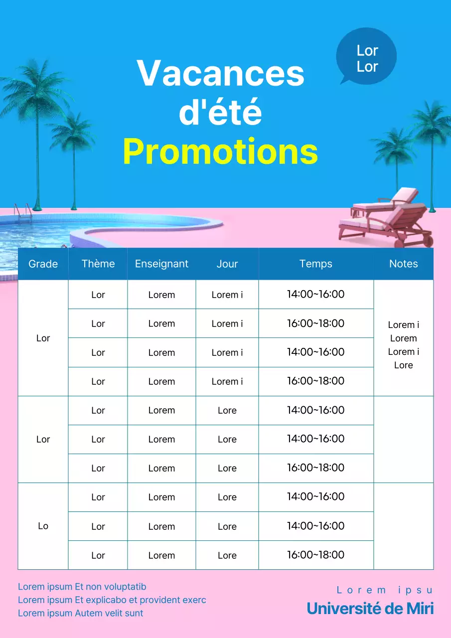 Prospectus bleu et rose promouvant les horaires des cours d'été pour les vacances d'été