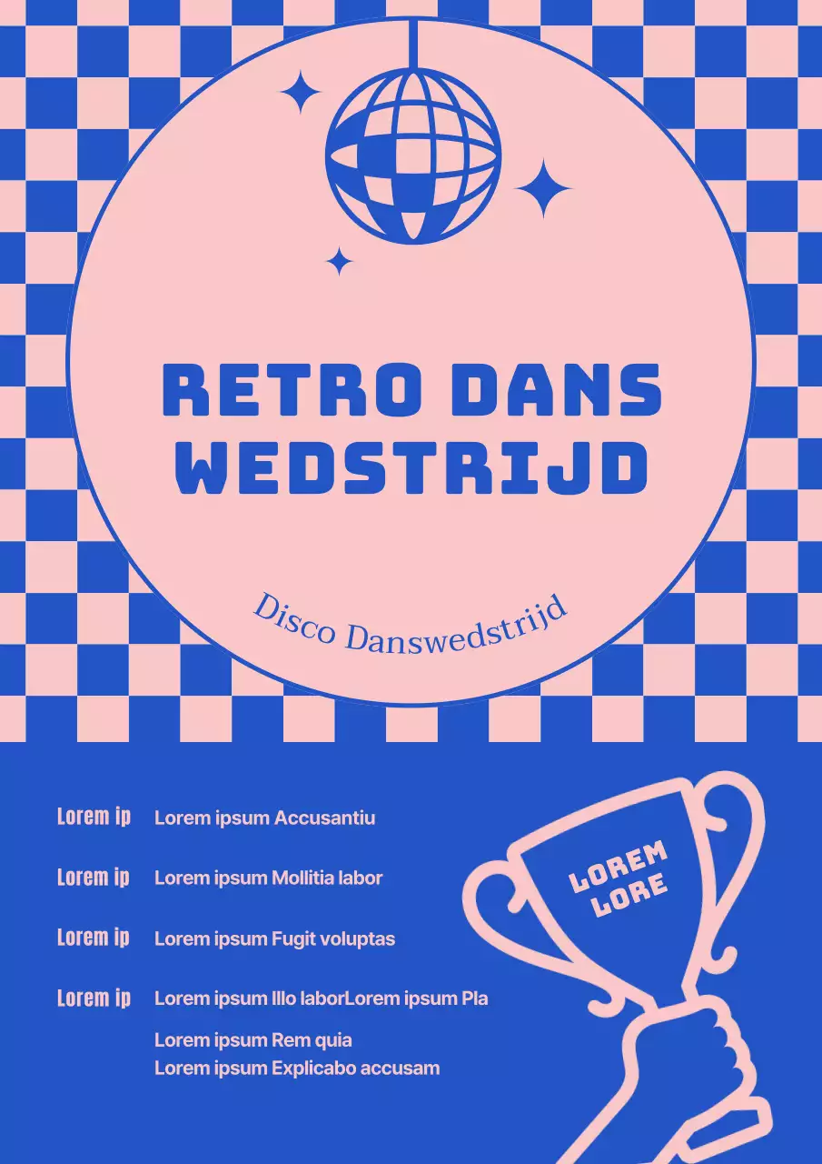Een promotieposter voor een retro danswedstrijd in blauw en roze.