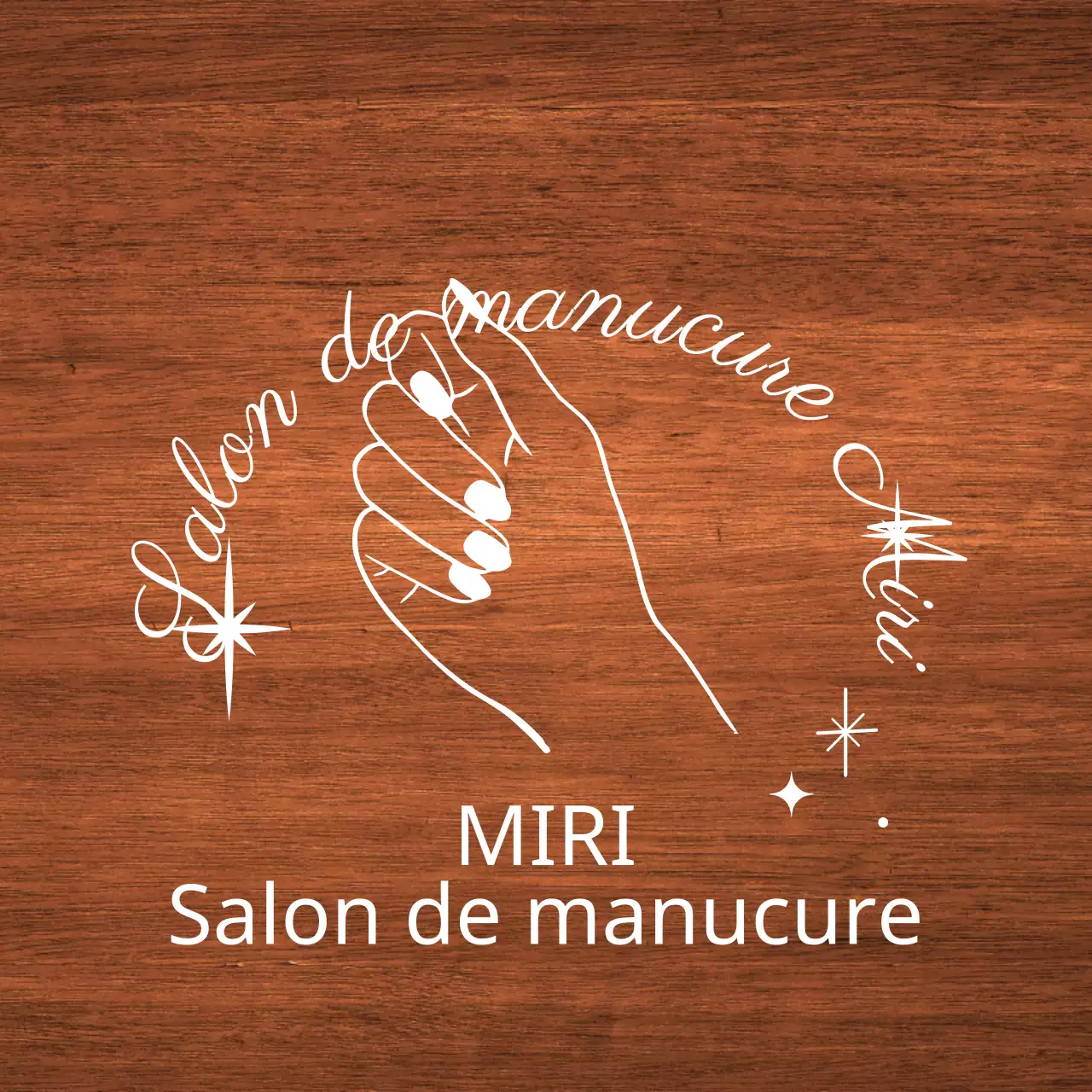 Enseigne classique de salon de manucure avec texte blanc et illustration au trait d'une main étoilée.