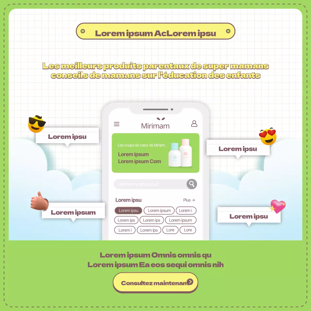 Conseils pour prévenir les irritations du bébé et recommandations pour les articles parentaux, illustrés en vert clair et en jaune.