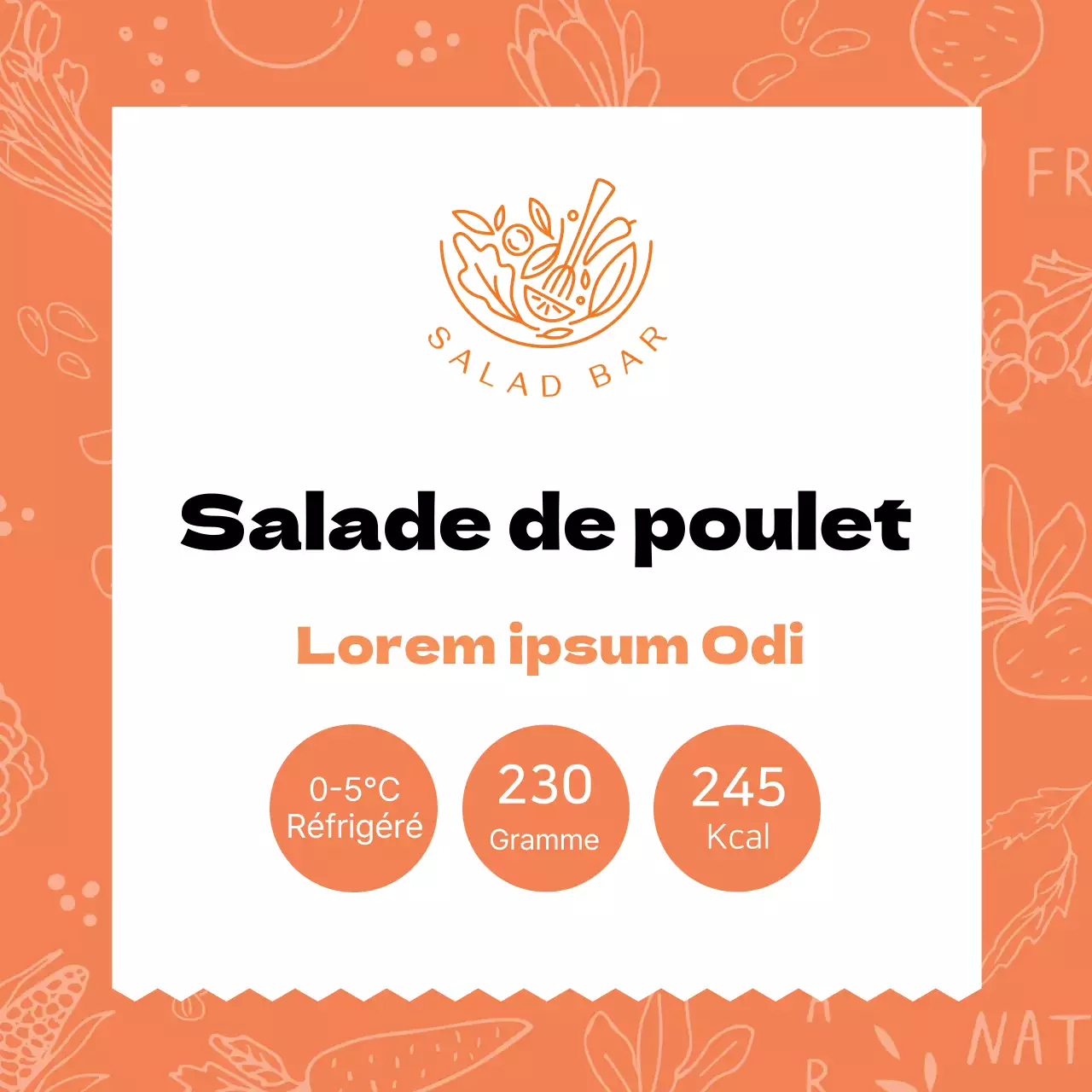 Étiquette de salade avec blanc de poulet à motif orange