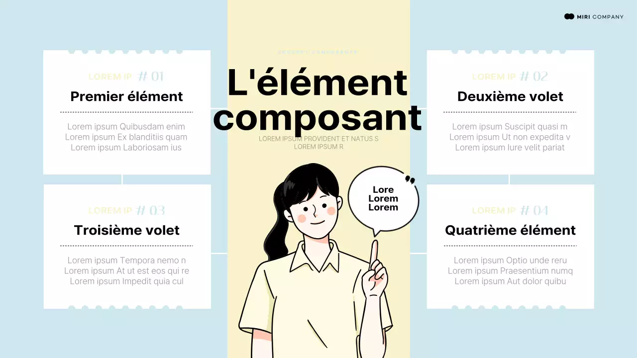 Présentation introductive utilisant un élément humain pointant vers un espace bleu clair et jaune