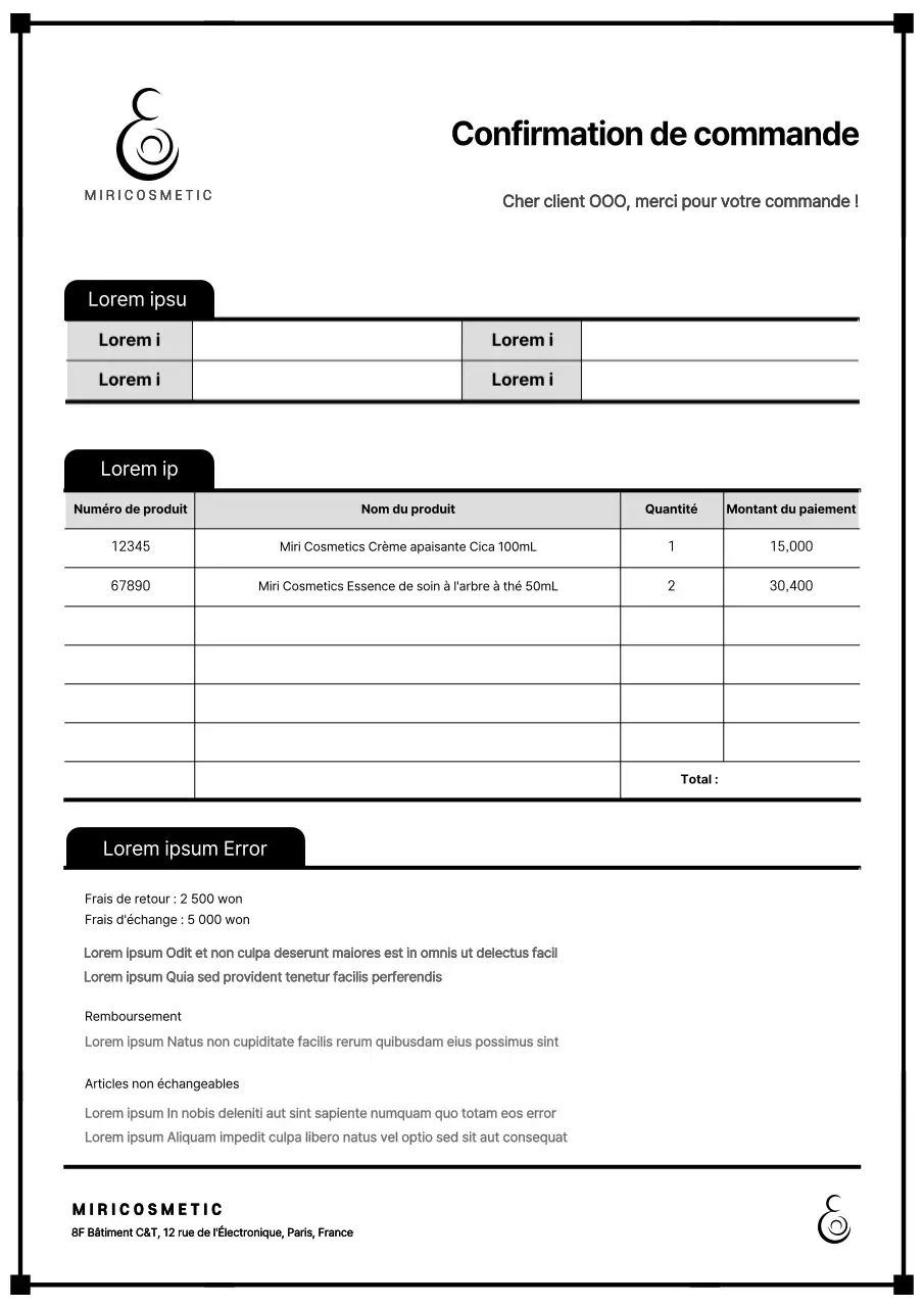 Documentation de confirmation de commande simple et claire en noir