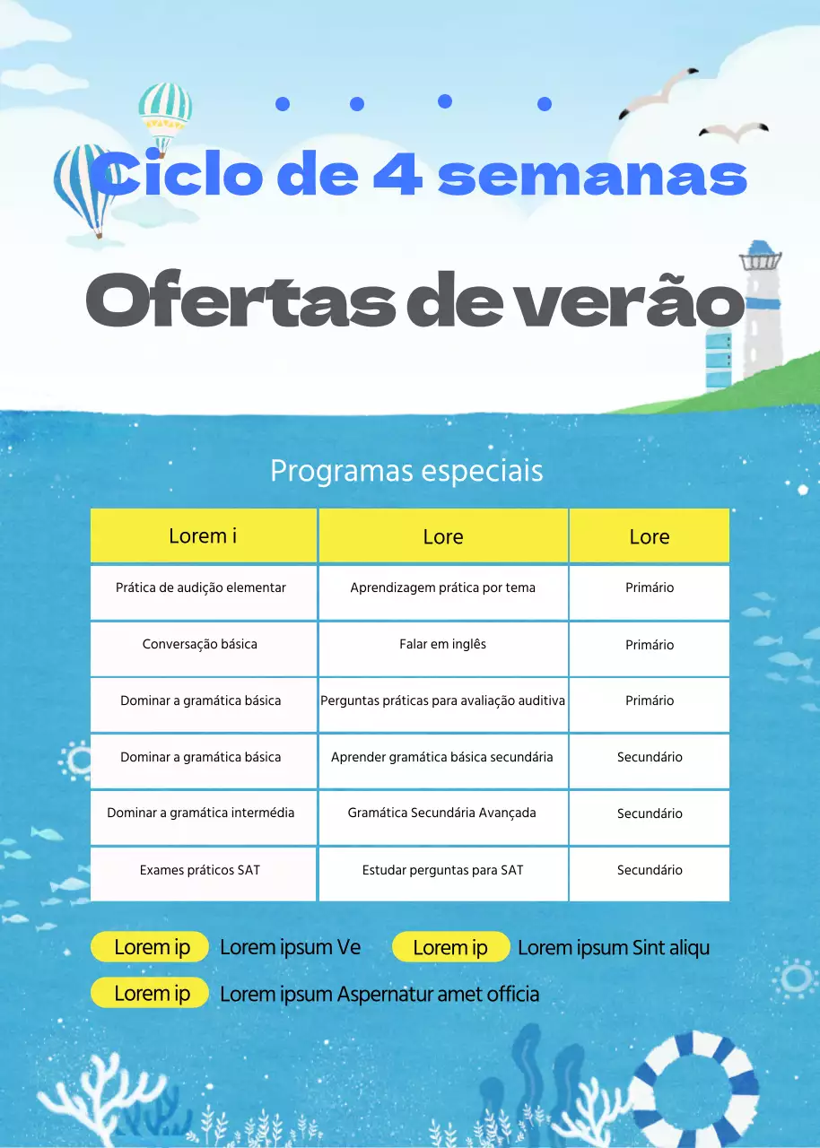 Um cartaz azul a anunciar um curso de férias de verão