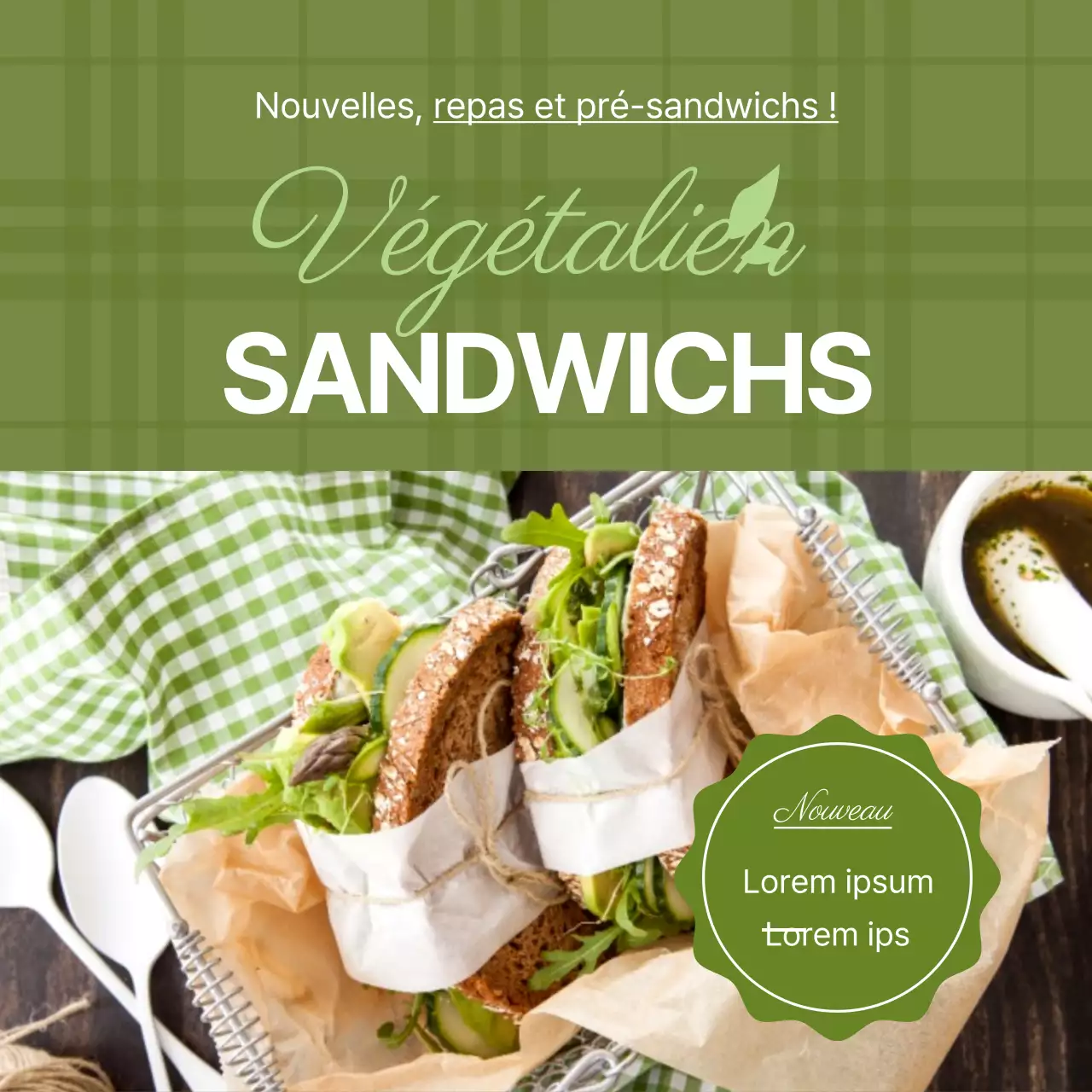 Motif à carreaux vertsLes photos mettent en valeur les sandwichs végétaliensNouveaux sandwichs végétaliens