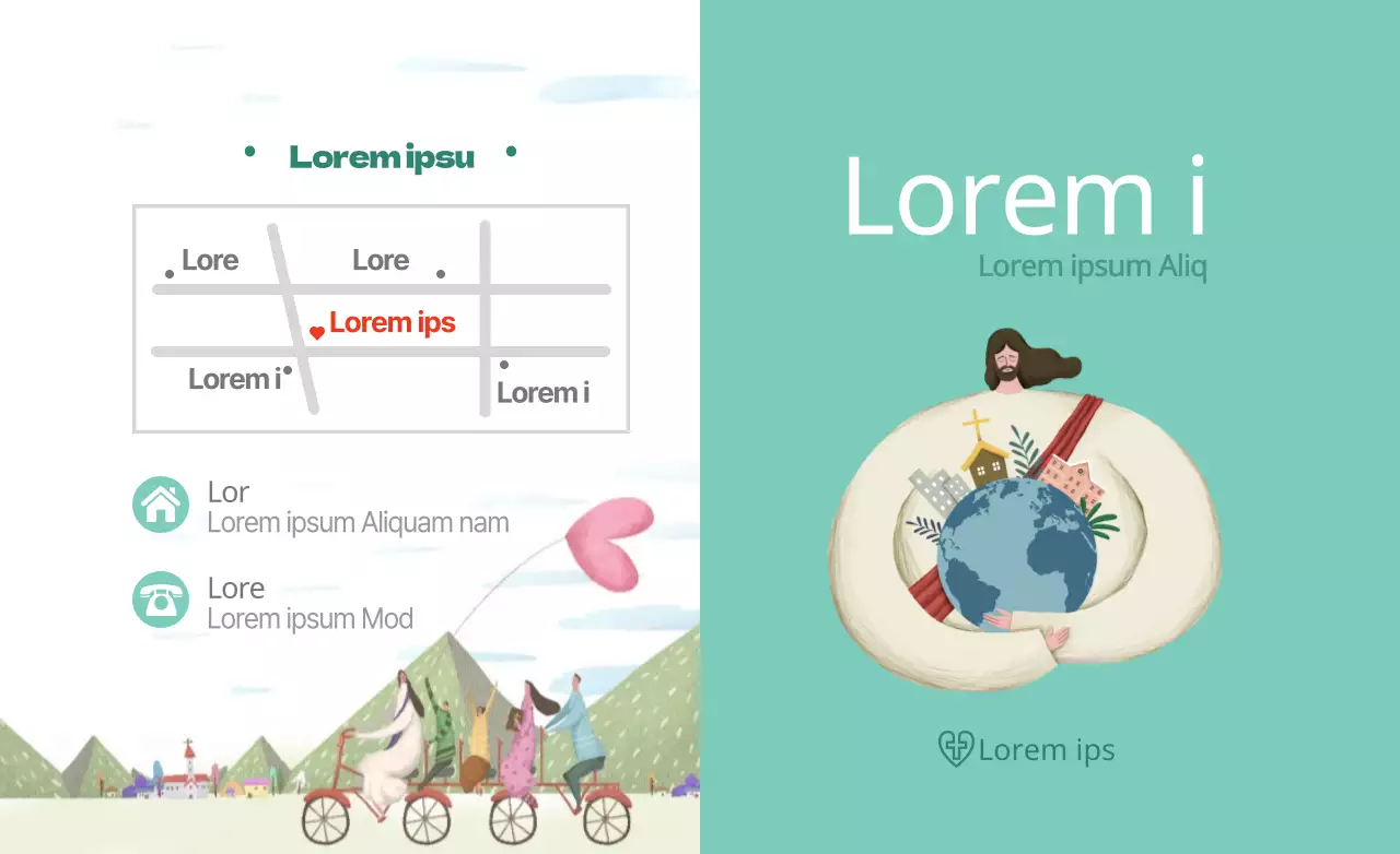 Concept émotionnel illustré en blanc et menthe avec des informations sur l'église et les directions à suivre