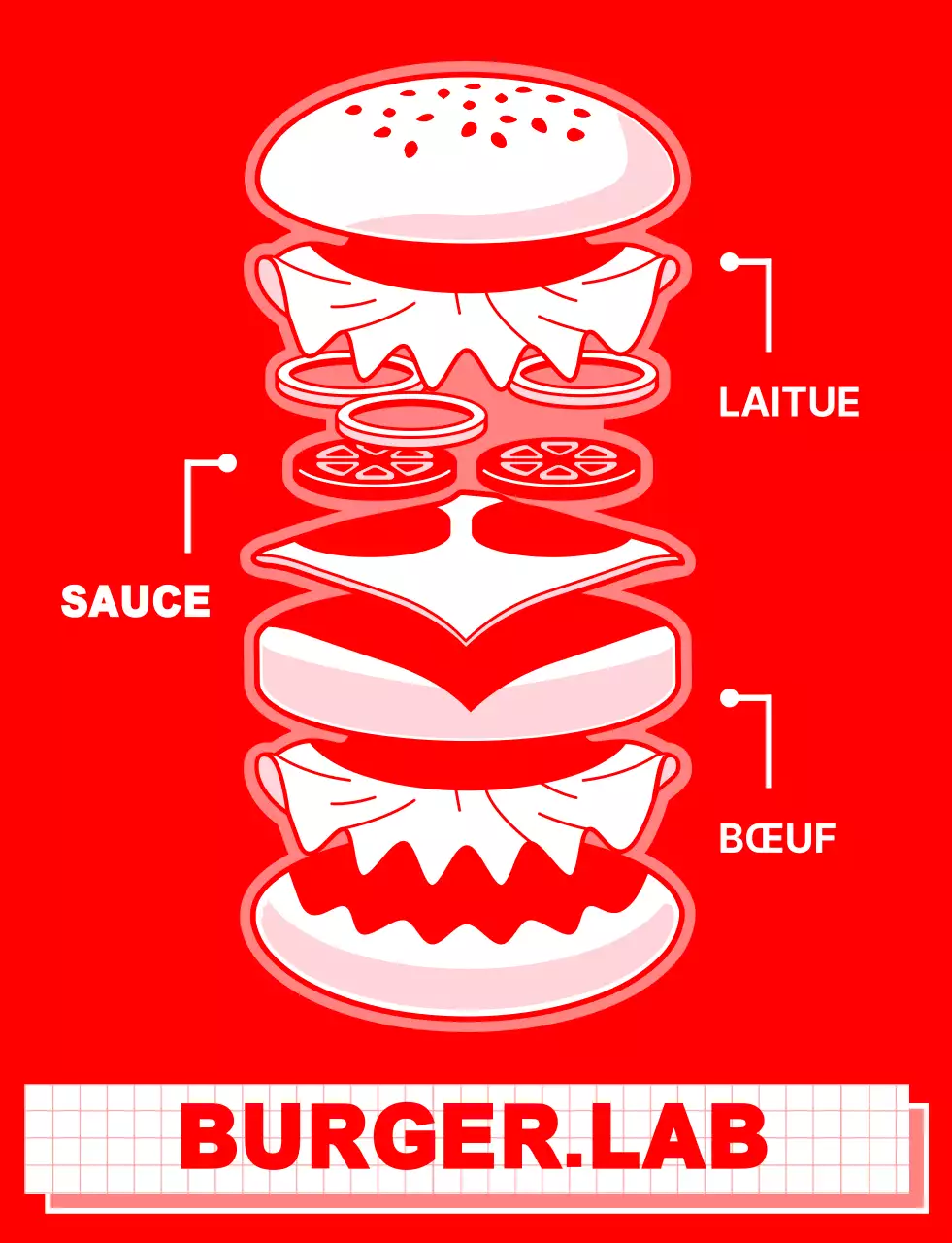 Design épuré pour un magasin de hamburgers avec des illustrations rouges et blanches d'ingrédients de hamburgers.