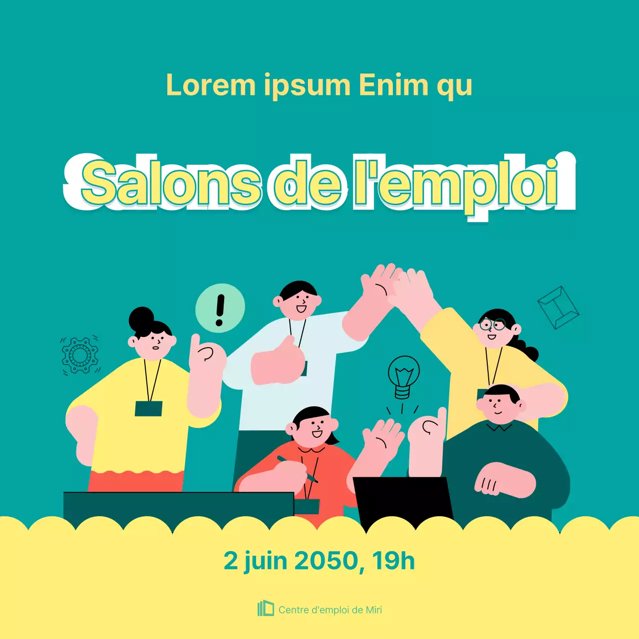 Mignon salon de l'emploi illustré en jaune et menthe