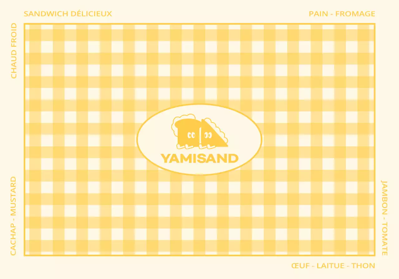 Sandwich shop merchandising avec un motif à carreaux rouges et jaunes et une pochette dépliable avec un personnage mignon.