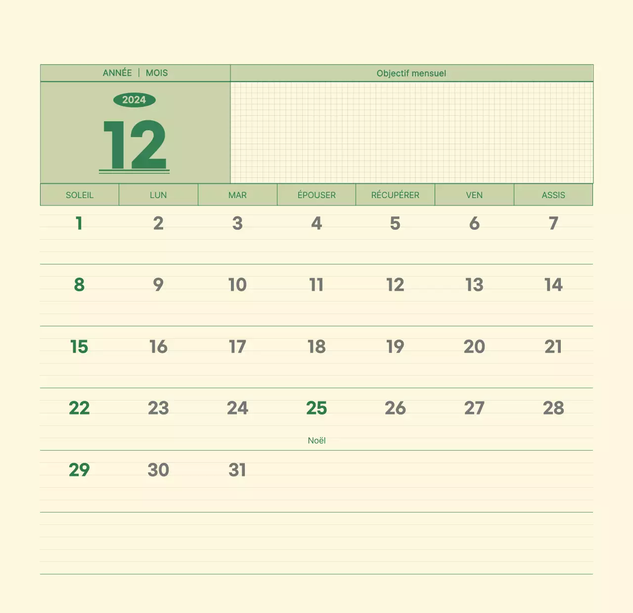 Calendrier mural SAT D-day notepad concept en vert et jaune clair