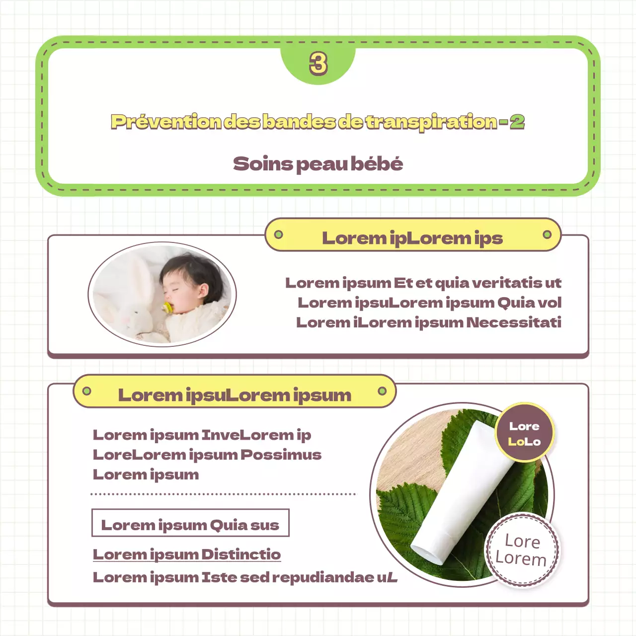 Conseils pour prévenir les irritations du bébé et recommandations pour les articles parentaux, illustrés en vert clair et en jaune.