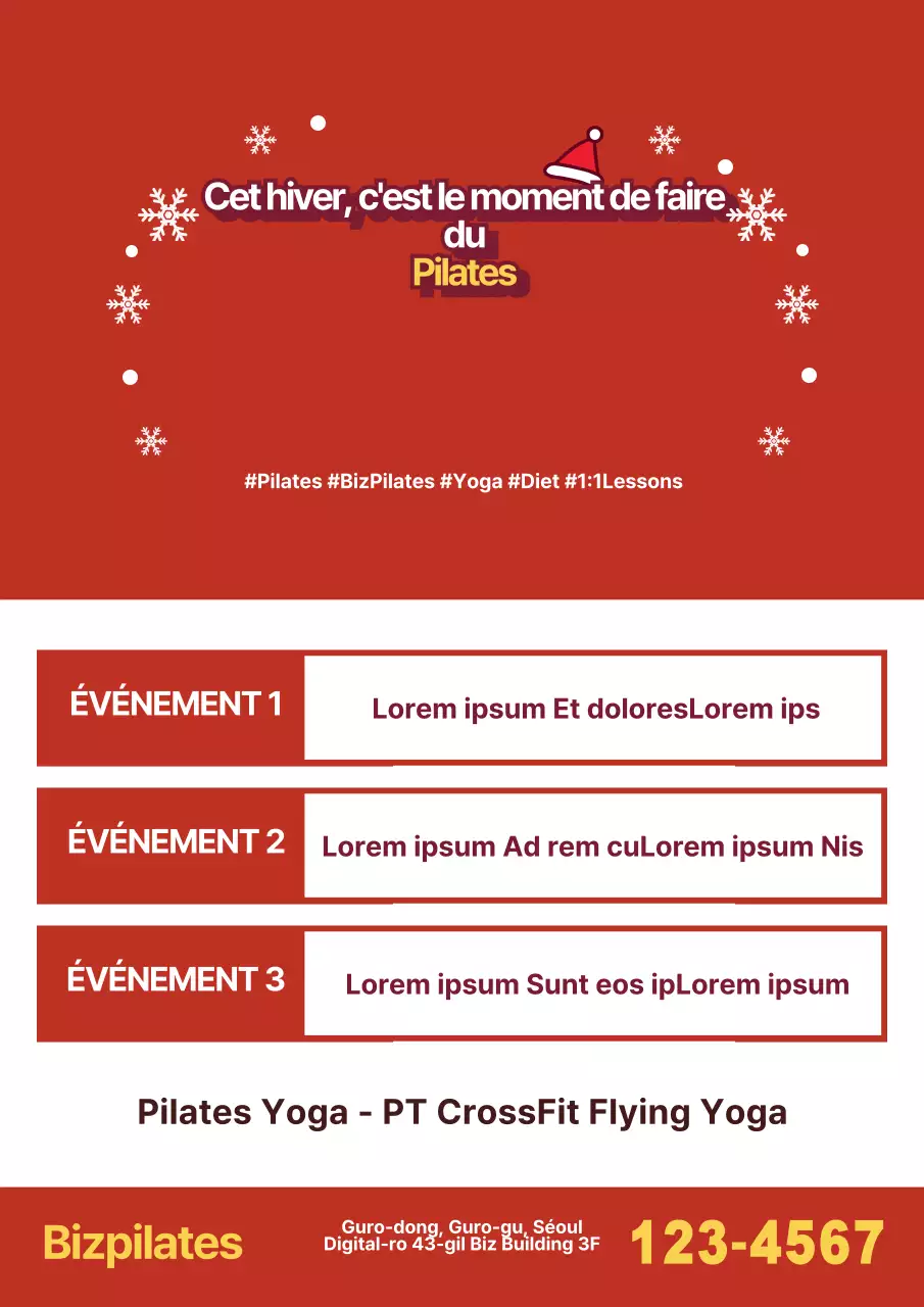 Promouvoir un événement de l'école Pilates avec des yeux rouges et des illustrations de Noël