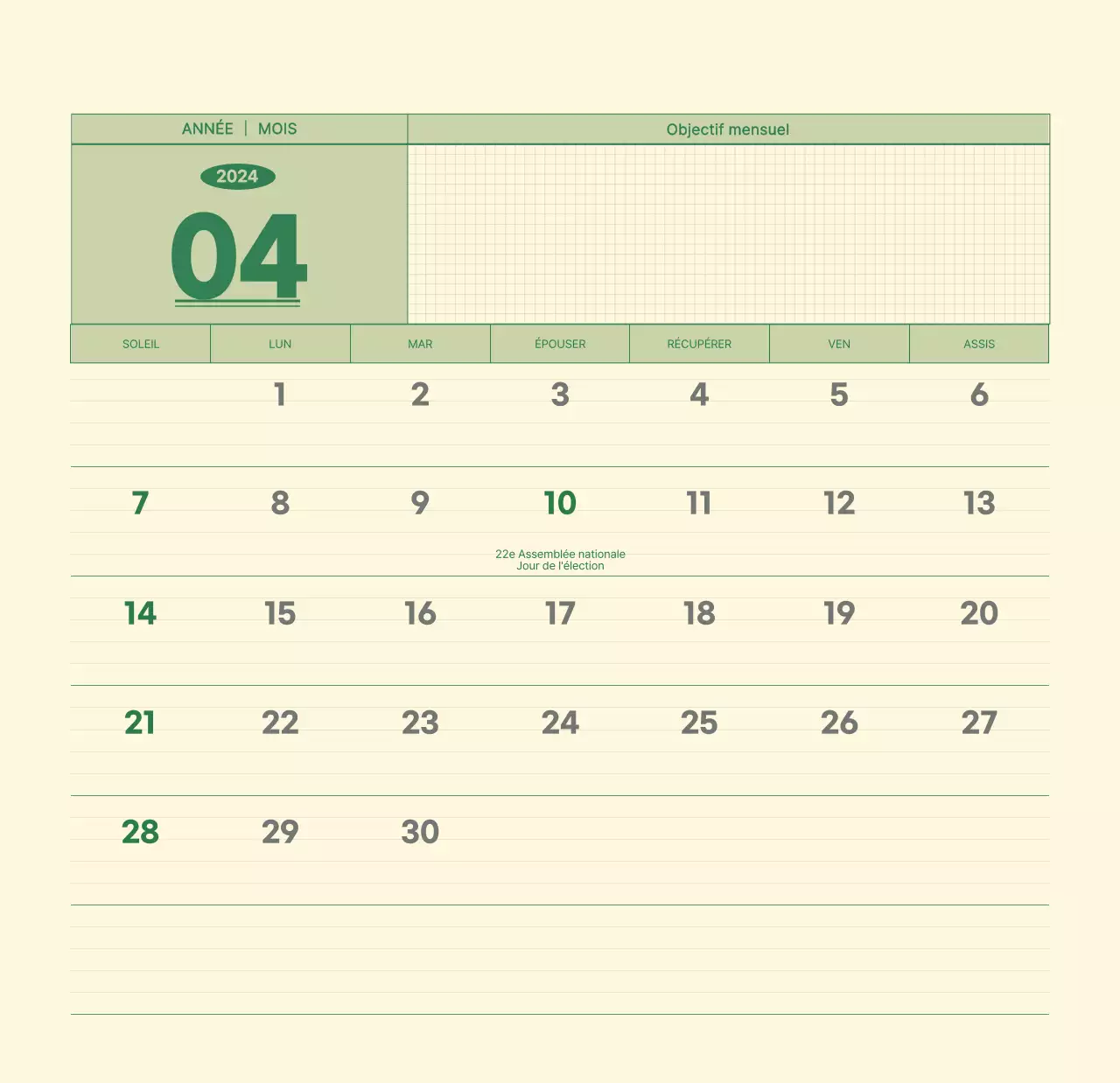 Calendrier mural SAT D-day notepad concept en vert et jaune clair
