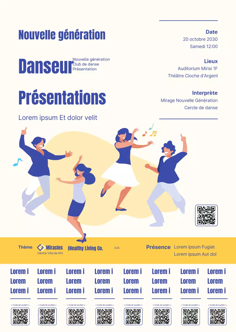 Illustration simple en bleu et jaune pour annoncer et promouvoir le récital d'une danseuse.