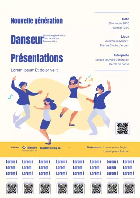 Illustration simple en bleu et jaune pour annoncer et promouvoir le récital d'une danseuse.