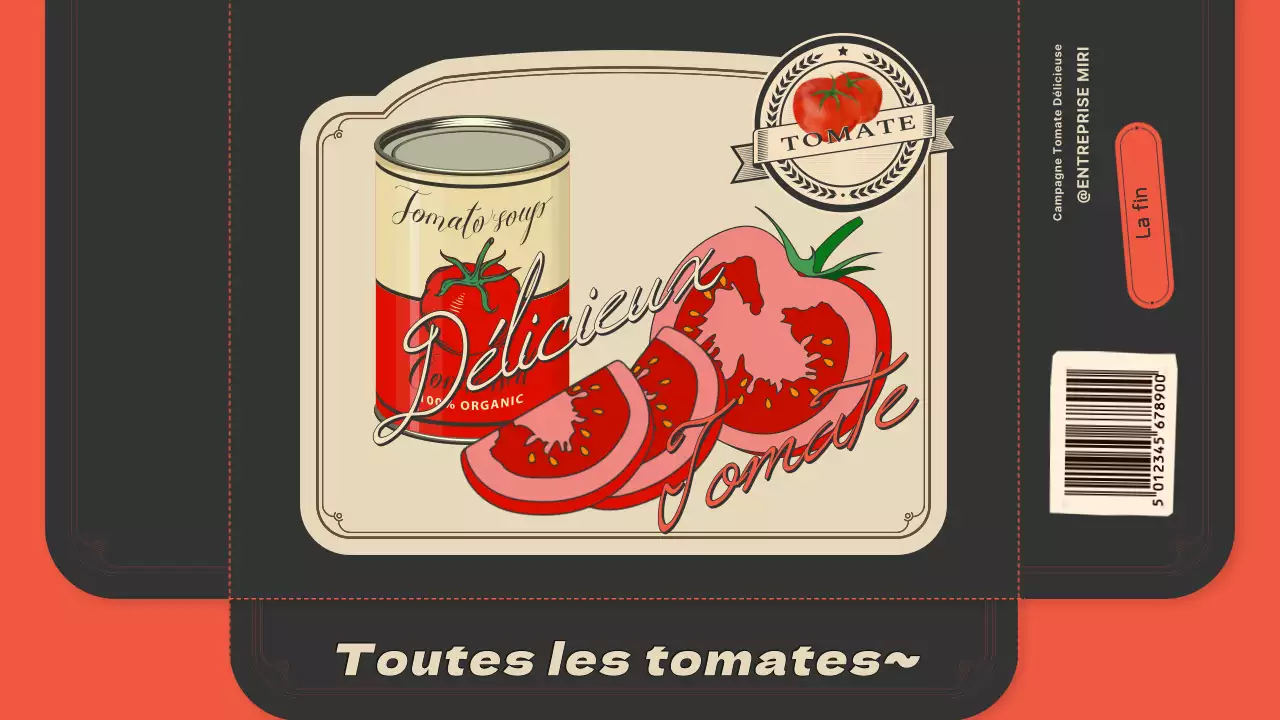 Présentation de tomates avec un concept d'étiquette vintage en orange et bleu marine
